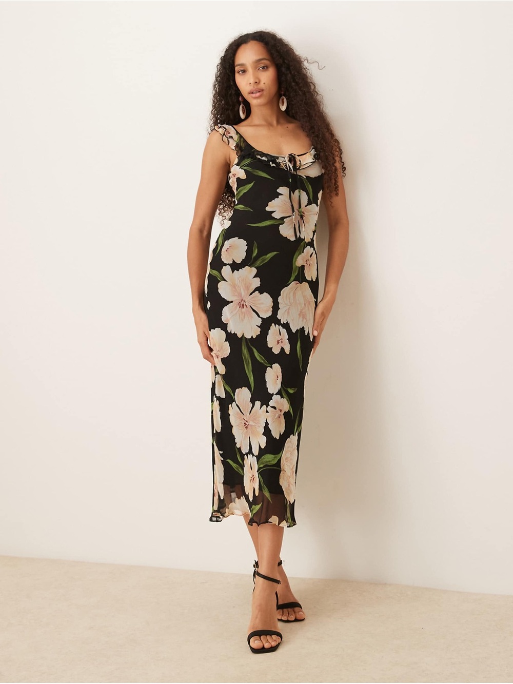 Mango Floral Black Slip Dress with Pink Blossoms - NWT